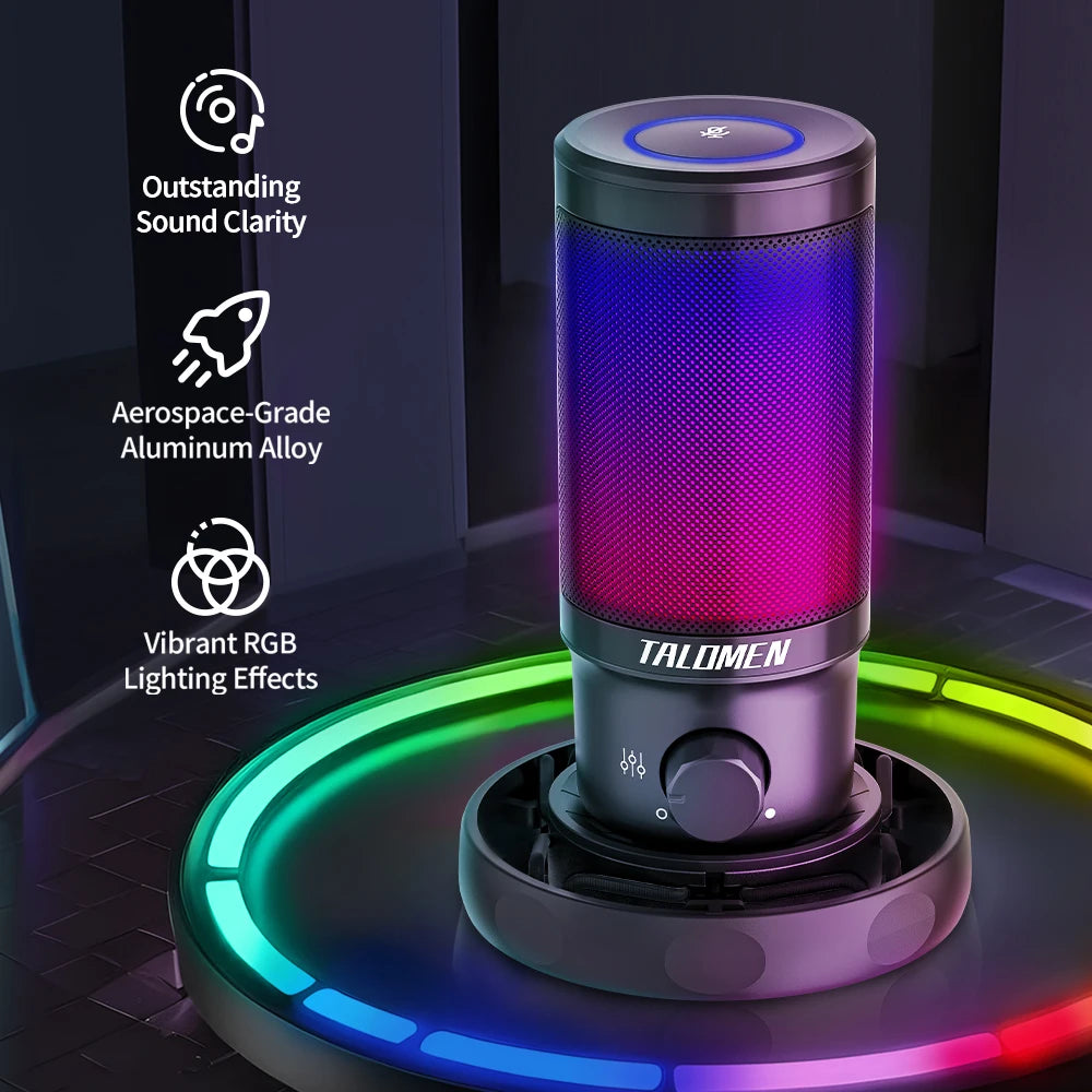 Talomen F8S Gaming USB Microphone – Condenser Mic with Boom Arm & RGB for PS4/PS5 & PC