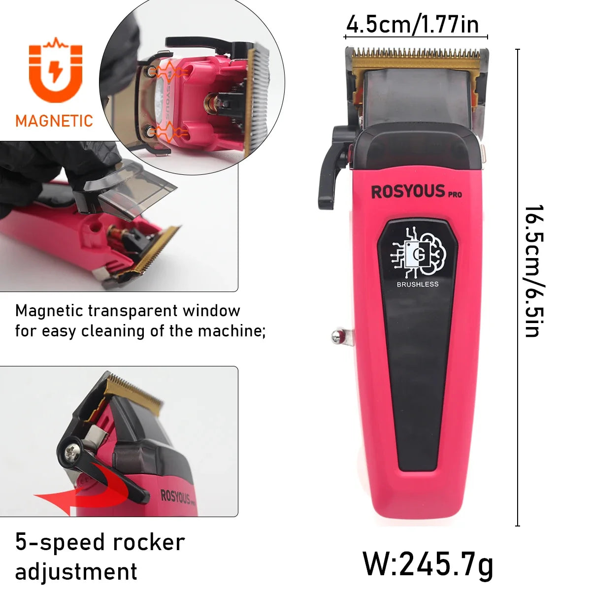 Professional Hair Clipper 106 – Brushless Motor, DLC Blade, LED Display, Base Charger