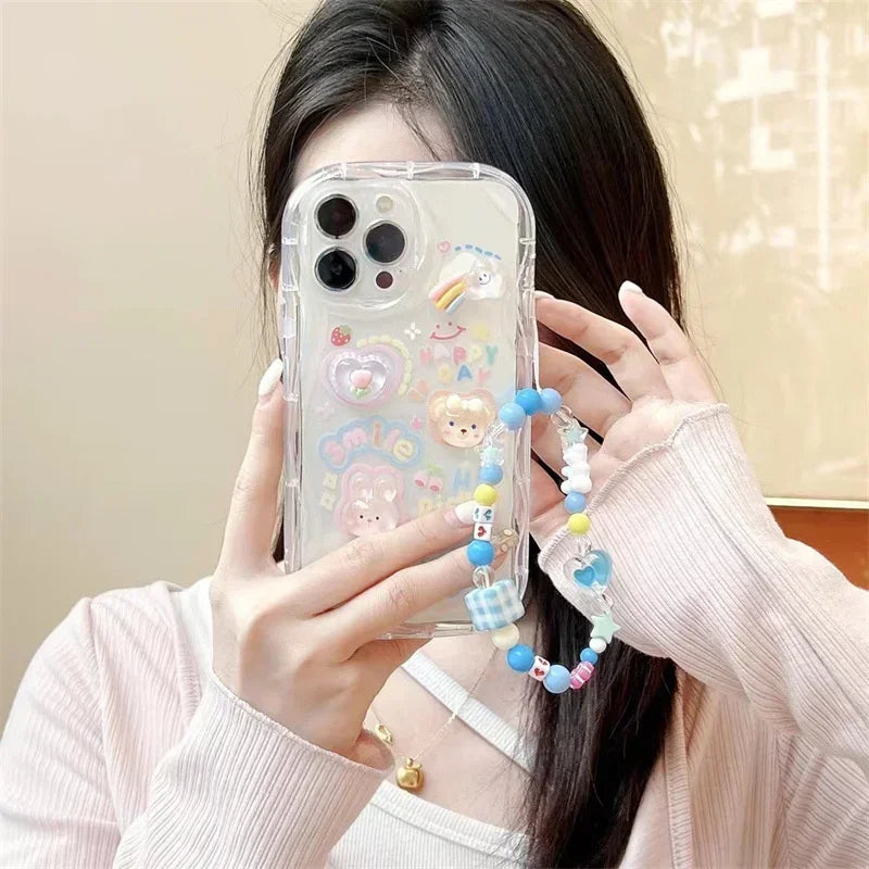 Korean 3D Bear Hang Phone Chain Lanyard Clear Soft Phone Case For iPhone 17 Air 16 15 14 Pro Max 11 13 12 Mini Plus Cute Cover