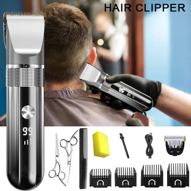 Professional Electric Hair Clipper – Waterproof, LED Display, USB Charging Set