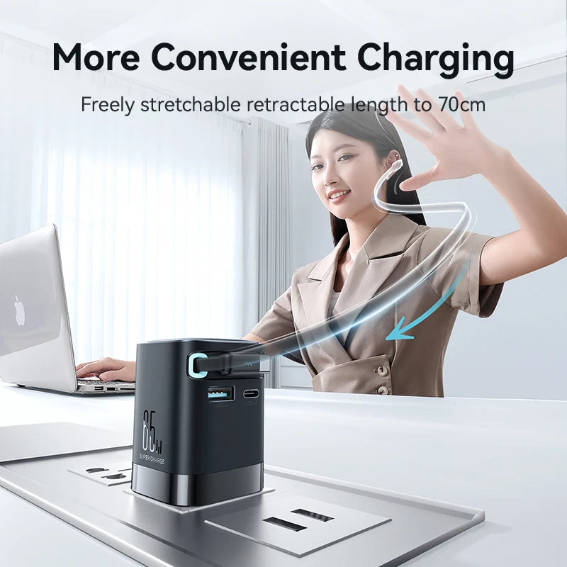 Joyroom 65W GaN USB Fast Charger With Retractable Type-c Cable for Phone Tablet Laptop Fast for iPhone Samsung Macbook