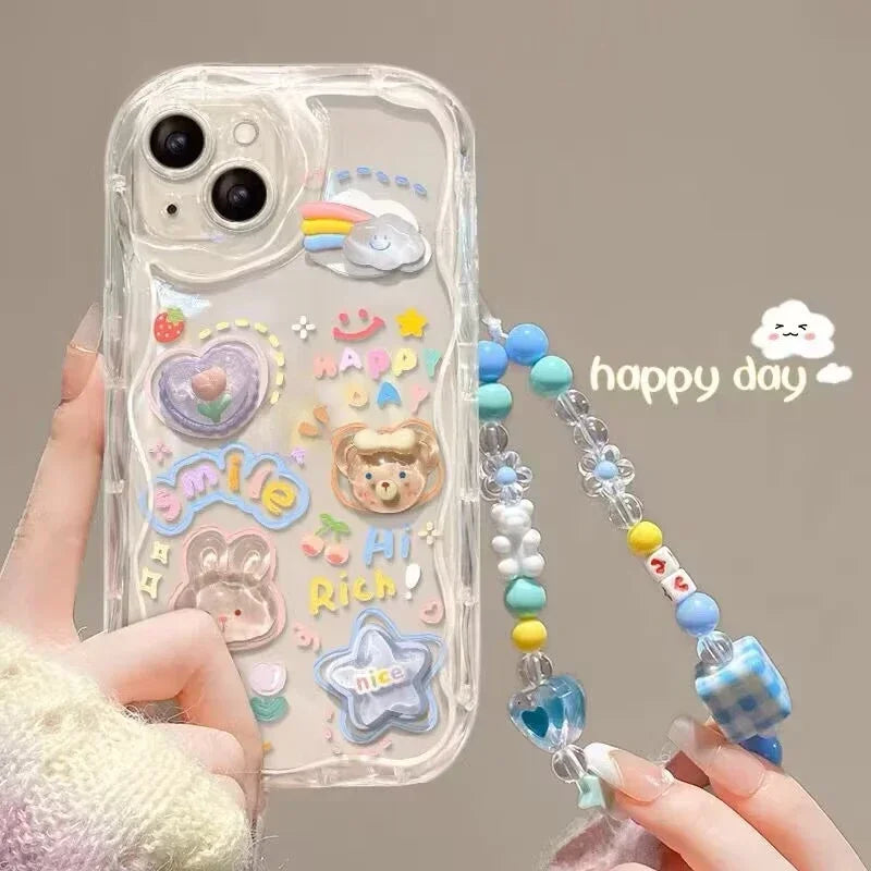 Korean 3D Bear Hang Phone Chain Lanyard Clear Soft Phone Case For iPhone 17 Air 16 15 14 Pro Max 11 13 12 Mini Plus Cute Cover