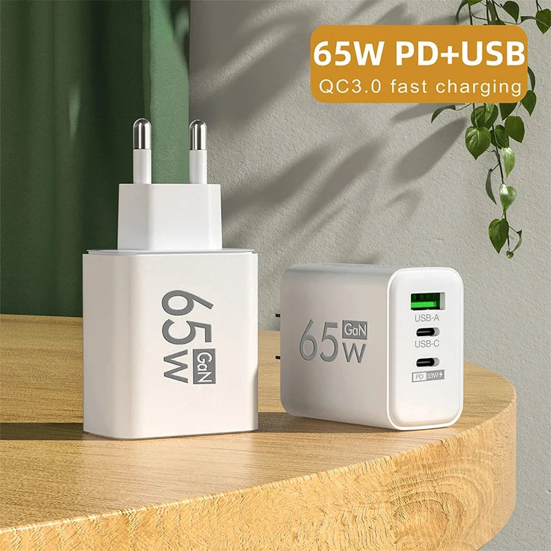 GaN Fast Charging 65W USB Type C EU KR PD 3.0 Quick Wall For Phone For iPhone 15 Xiaomi Huawei Samsung