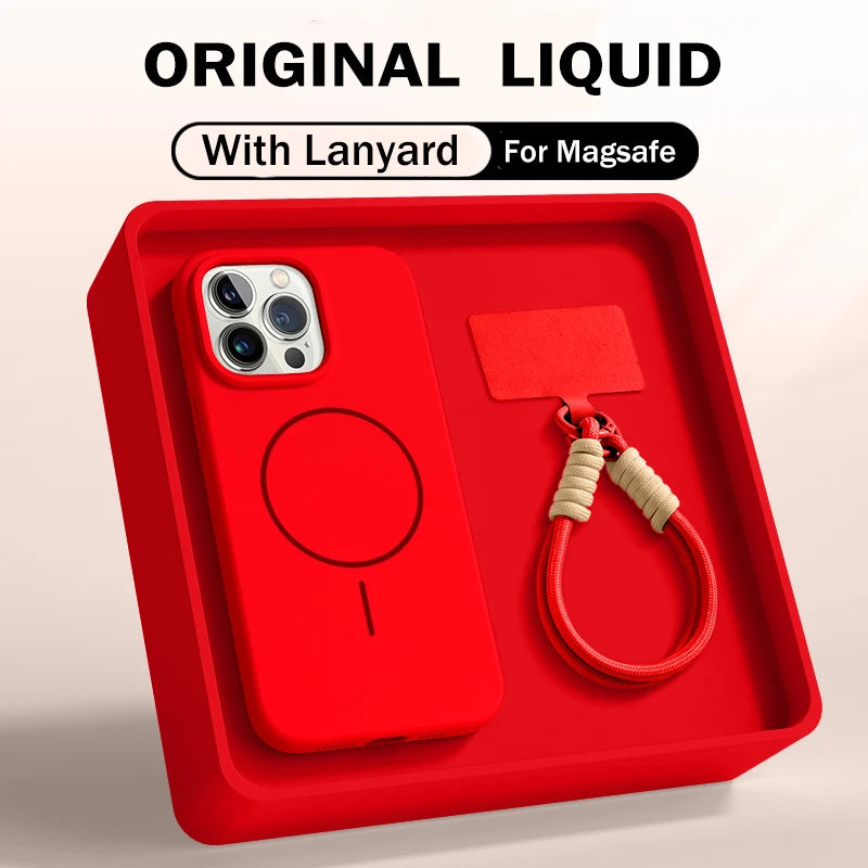 Luxury For Magsafe Magnetic Case For iPhone 15 14 16 Plus 11 12 13 Pro Max 16E Original Liquid Silicone Lanyard Strap Soft