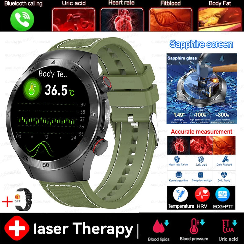 2025 New Non-Invasive Laser Treatment Three High Smart Watch Sapphire screen Blood fat Uric Acid ECG Health Diagnosis