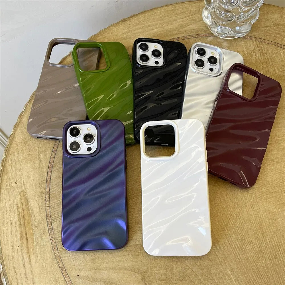 Luxury Plating 3D Wave Pattern Glossy Case For iPhone 16 15 14 13 12 11 17 Pro Max X XS Max XR Plus Fashion Bright Bumper