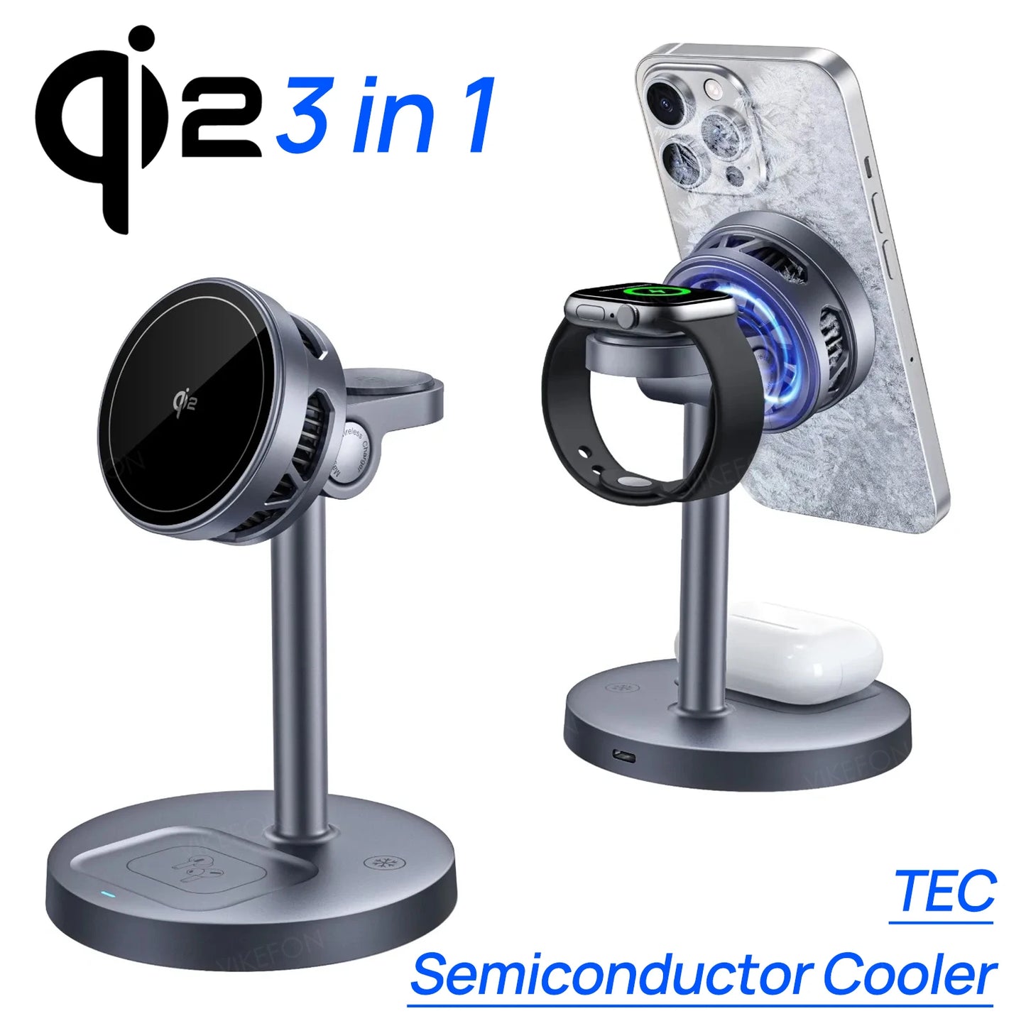 15W Qi2 Magnetic 3 in 1 Wireless Charger TEC Semiconductor Radiator for Magsafe iPhone 17~12 Pro Max Apple Watch 9 8 AirPods Pro