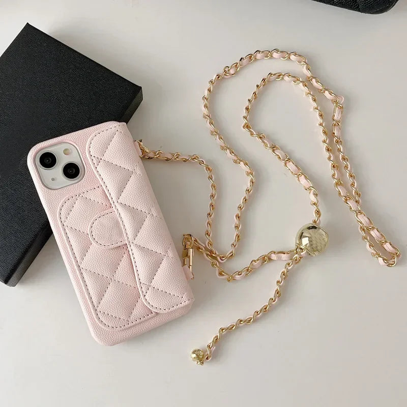 Luxury Crossbody Phone Case for IPhone 14 Plus 15 13 16 Pro Max Card Holder Wallet Adjustable Lanyard Shoulder Strap Leather