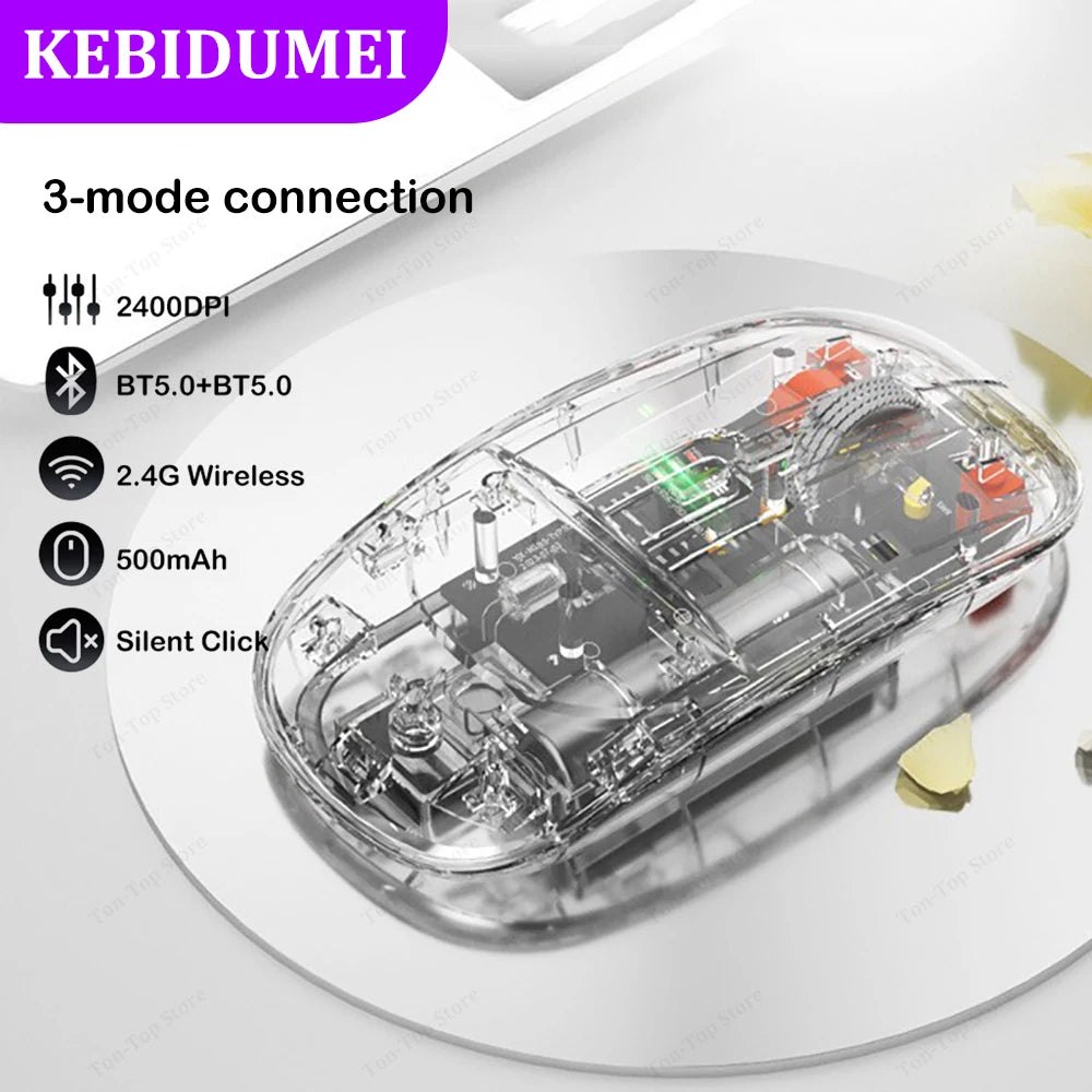 Tri-Mode Transparent Wireless Mouse – Dual Bluetooth & 2.4G, 2400DPI, Silent & Rechargeable