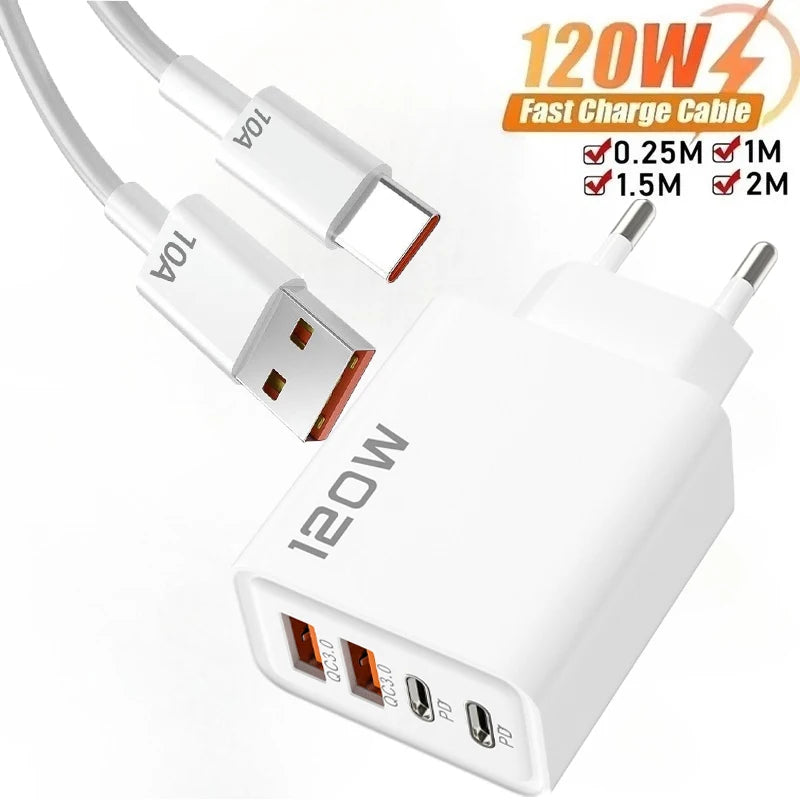 120W 4 Ports USB Type C Charger 10A Fast Data Cable USB Phone PD for Samsung IPhone Xiaomi Wall Charger