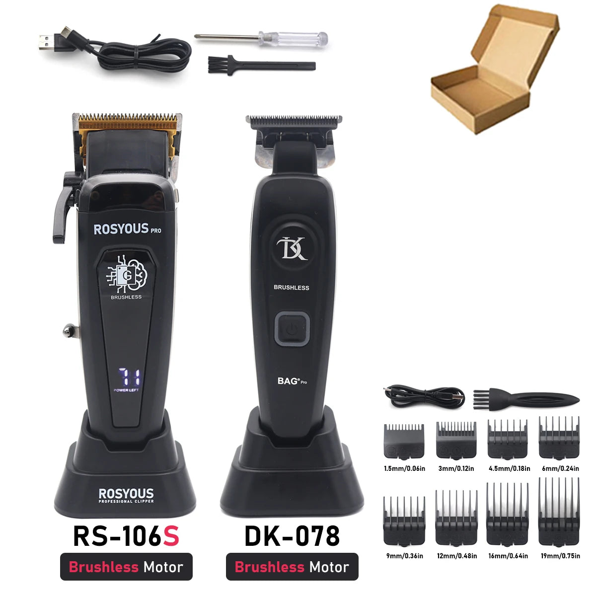 Professional Hair Clipper 106 – Brushless Motor, DLC Blade, LED Display, Base Charger