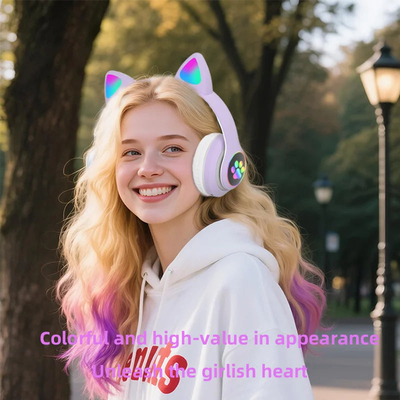 P47M Wireless Headphone Flash Light Cute Cat Bluetooth with Mic Control LED Stereo Music Helmet Phone Bluetooth