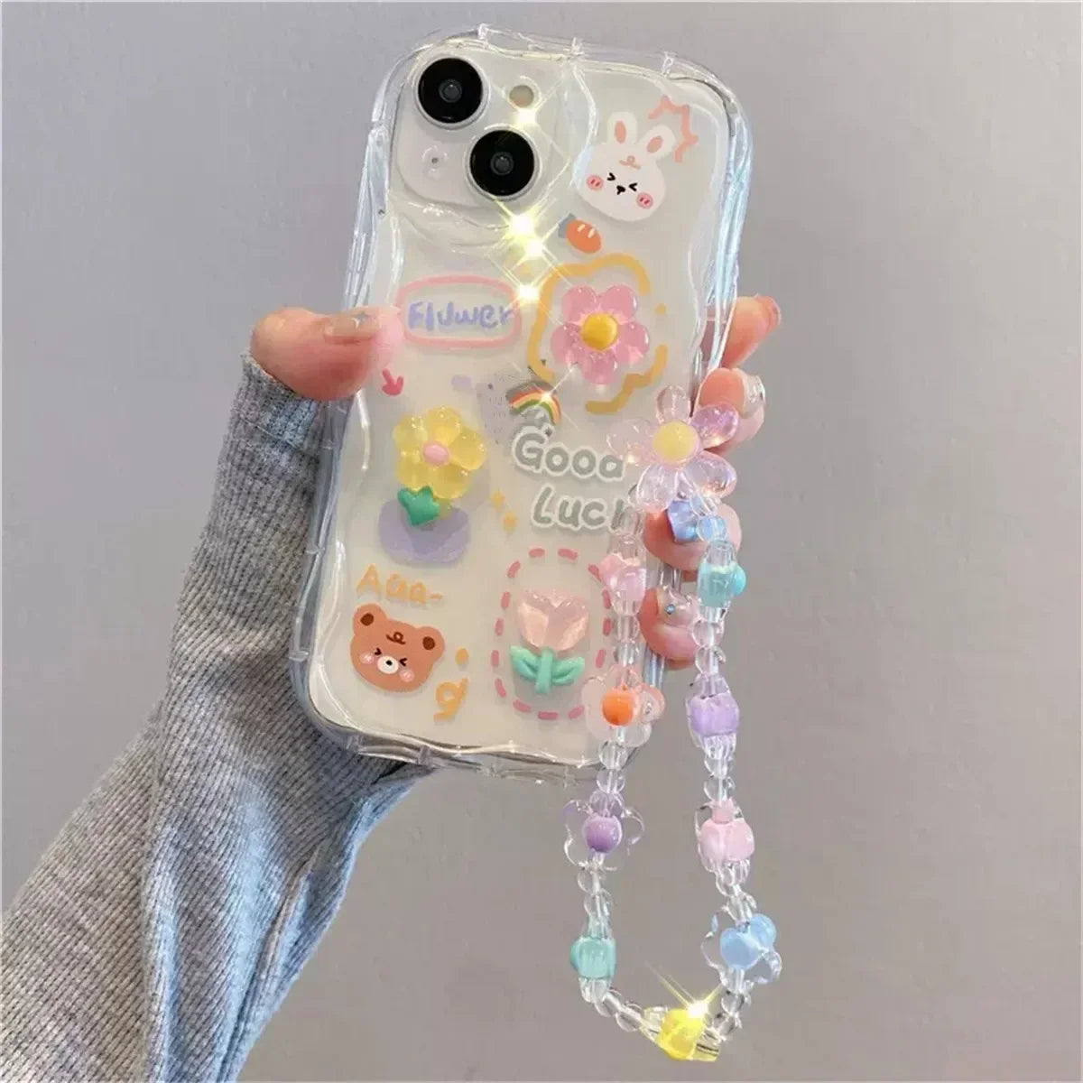 Korean 3D Bear Hang Phone Chain Lanyard Clear Soft Phone Case For iPhone 17 Air 16 15 14 Pro Max 11 13 12 Mini Plus Cute Cover