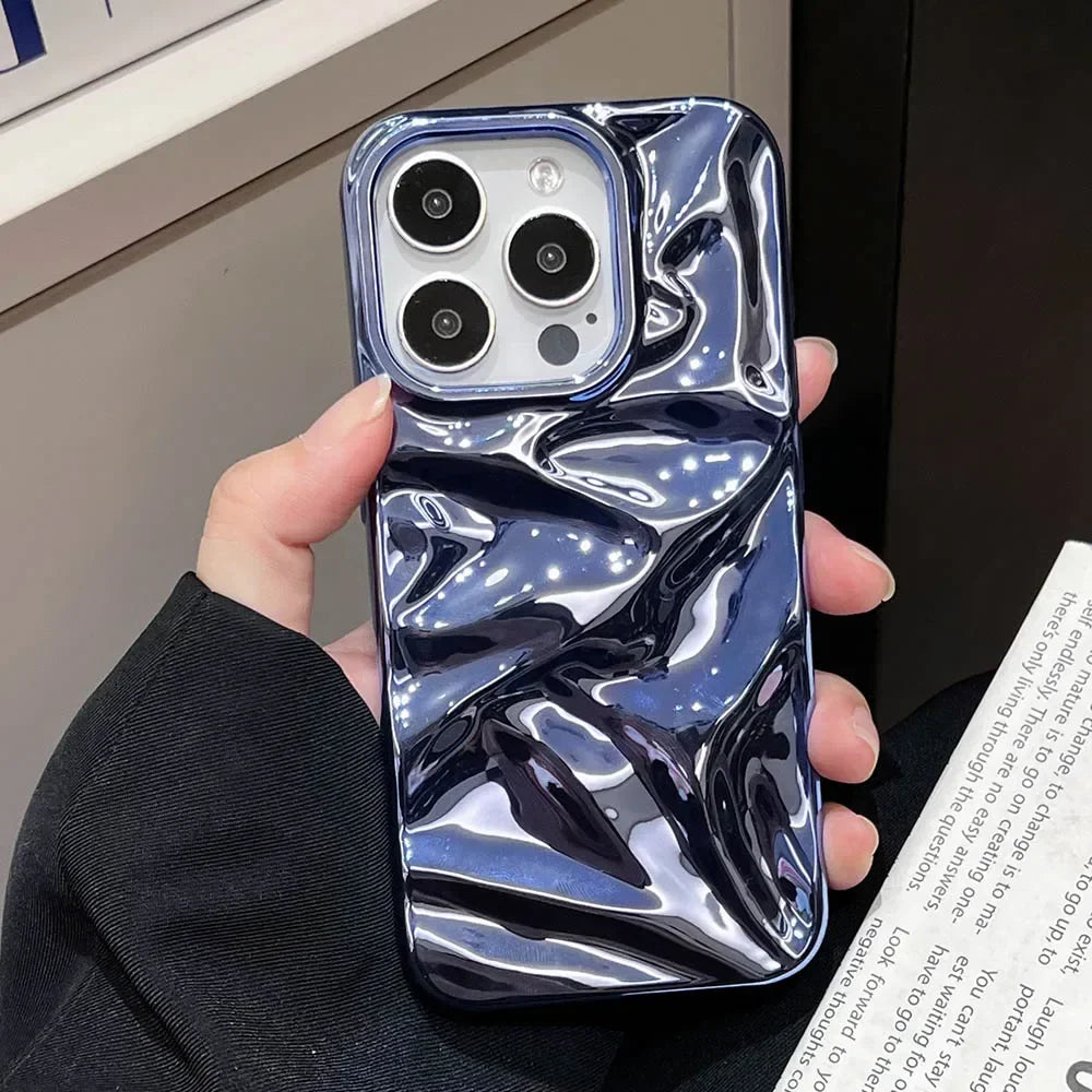Luxury Electroplate Silvery 3D Wrinkle Phone Case For iphone 17 Air 16 15 14 Plus 13 11 12 Pro Max Water Ripple Shockproof Cover