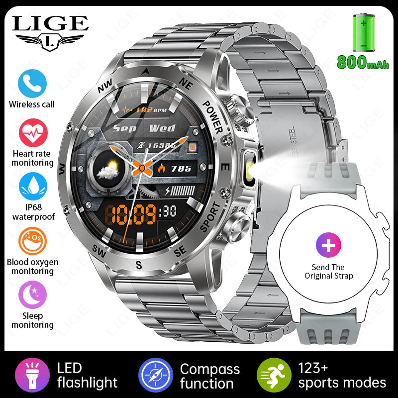LIGE Compass Smart Watch Men 800mAh Outdoor Flashlight Bluetooth Call Waterproof Sports Fitness Tracker Pedometer Man