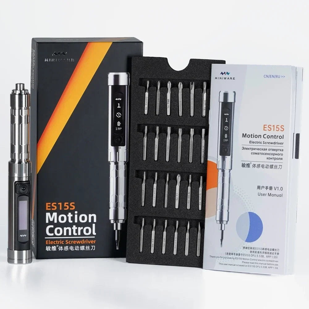 MINIWARE ES15S intelligent Motion Control Electric Screwdriver USB Chargeable Cordless  24pcs 4mm Bit Set LED lights