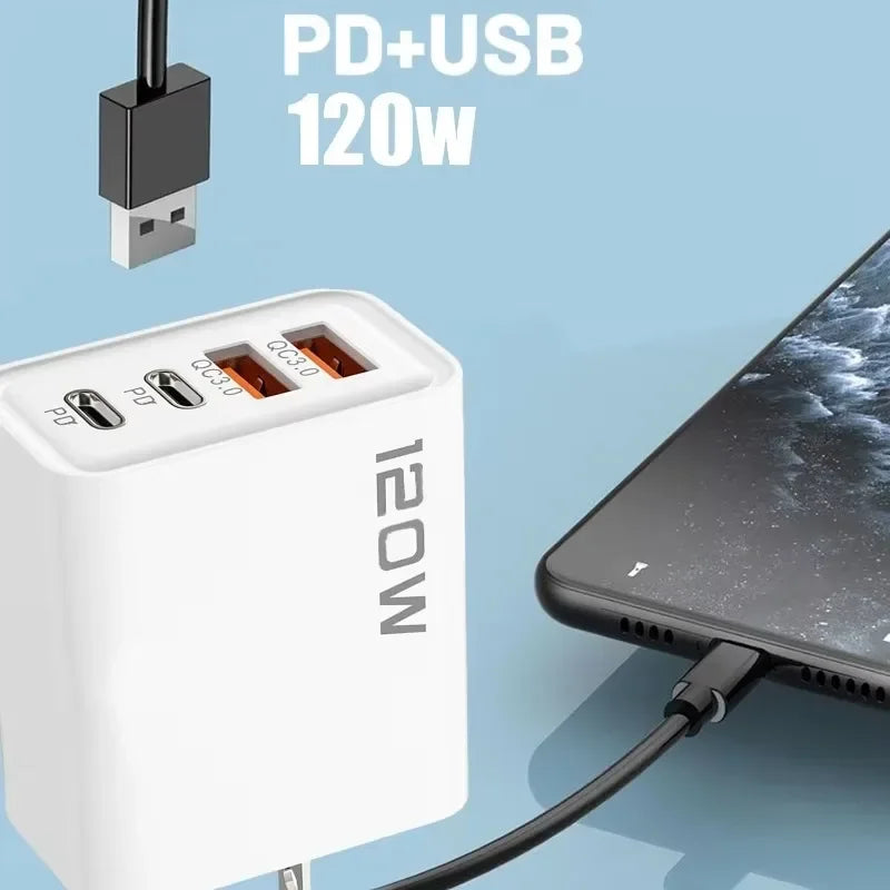 120W 4 Ports USB Type C Charger 10A Fast Data Cable USB Phone PD for Samsung IPhone Xiaomi Wall Charger