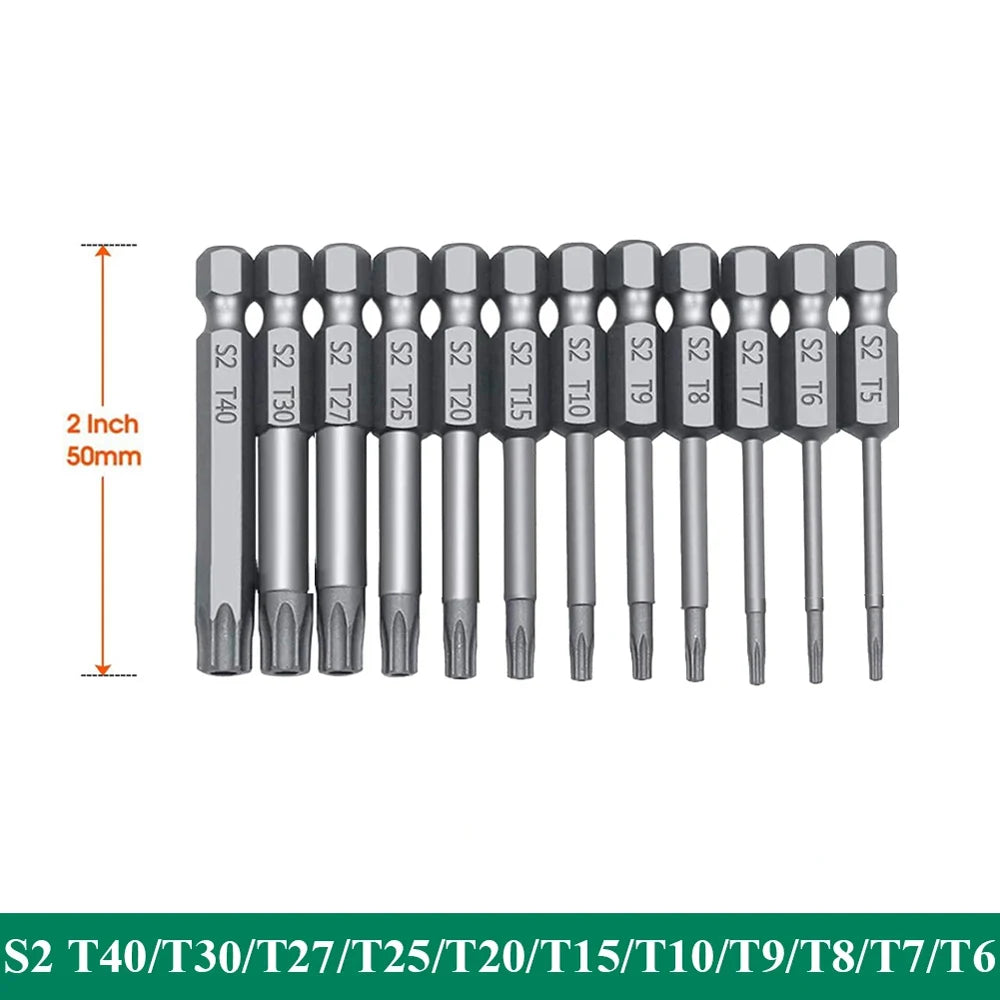 Hex Shank Torx Security Head Screwdriver Drill Set 4 Inch Length S2 Steel Torx Bit Set 11/12pcs Torx Head 1/4 Inch