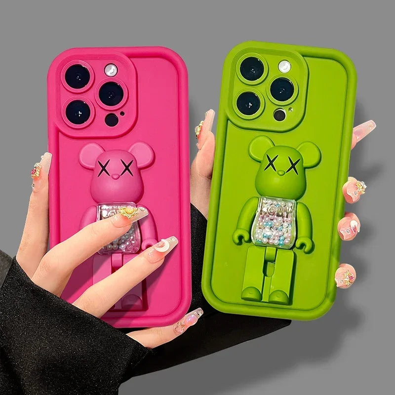 Cute 3D Bear Bracket TPU Phone Case for iPhone 16 15 14 13 12 11 Pro Max XR XS X 8 7 Plus Silicone Shockproof Matte