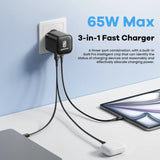 65W GaN USB Charger with Type C Retractable Cable 3 Port QC4.0 PD3.0 PPS for Macbook Laptop iPhone 16 15 14 Xiaomi