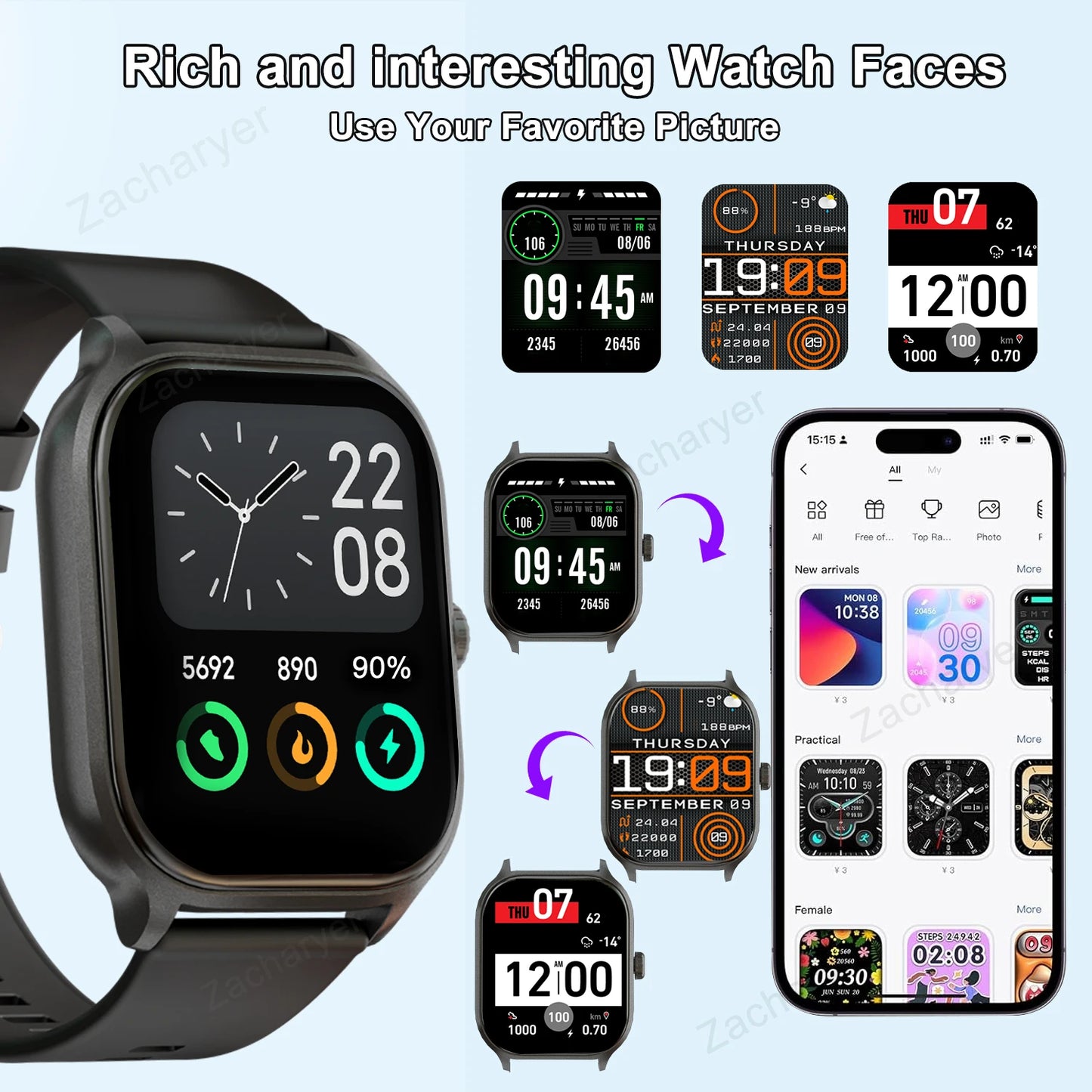 Smart watch, wireless calling/dial, multi-Sport mode, calling reminder and rejection, SMS reminder, for iPhone/Andriod