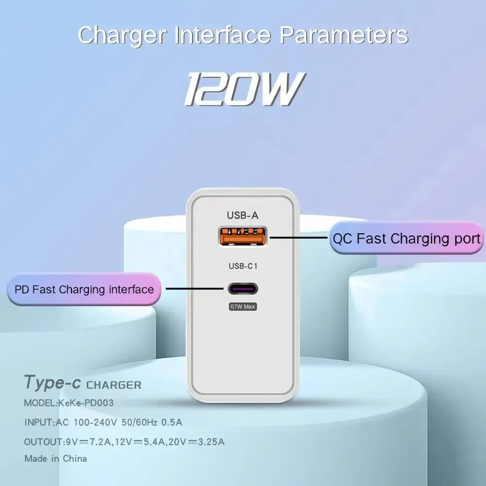 PD 120W Type C USB Fast Charge Phone Data Cable Mobile Phone Power Adapter For iPhone Xiaomi Huawei Samsung Wall
