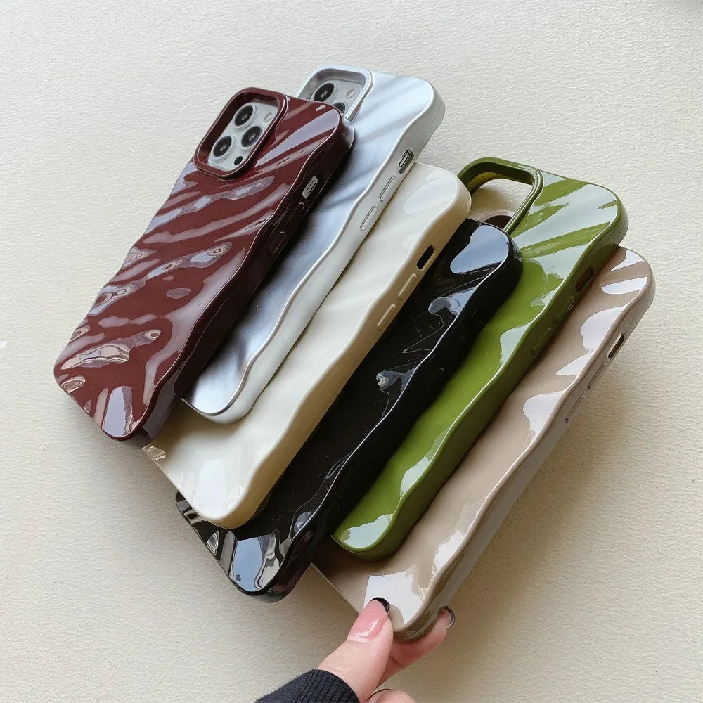 Luxury Plating 3D Wave Pattern Glossy Case For iPhone 16 15 14 13 12 11 17 Pro Max X XS Max XR Plus Fashion Bright Bumper
