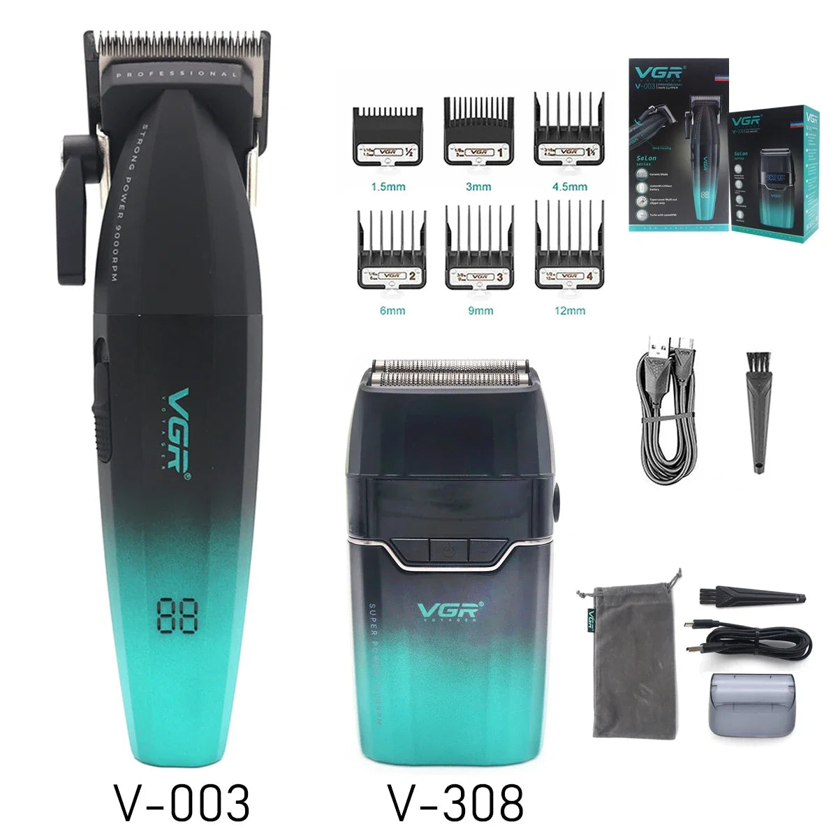 VGR Professional Hair Clipper Kit – DLC Blade, Full Metal Body, LED Display