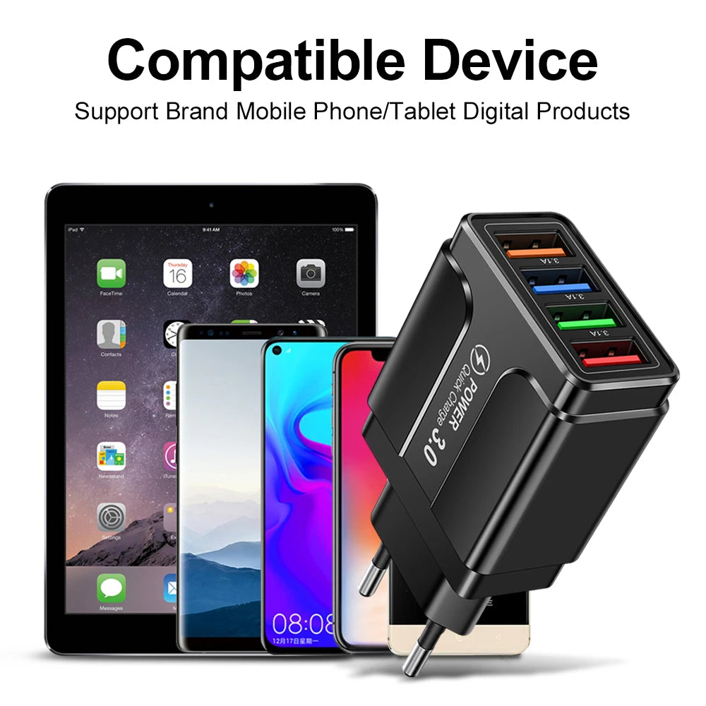 4 Ports Quick Charge 3.0 Wall Fast Charger Micro USB Fast Data Sync x Cable for Samsung Xiaomi Huawei Mobile Phone
