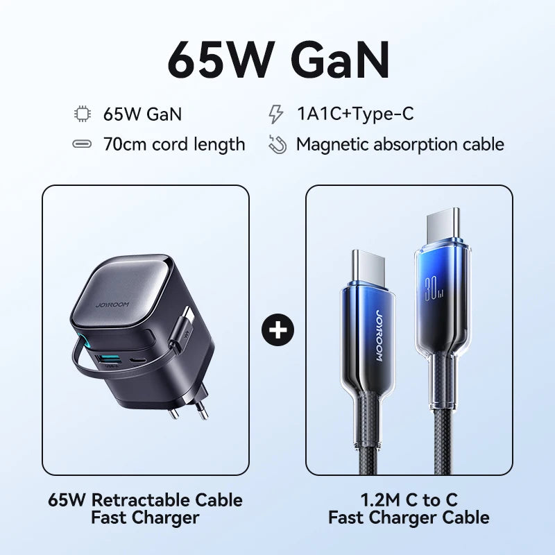 Joyroom 65W GaN USB Fast Charger With Retractable Type-c Cable for Phone Tablet Laptop Fast for iPhone Samsung Macbook