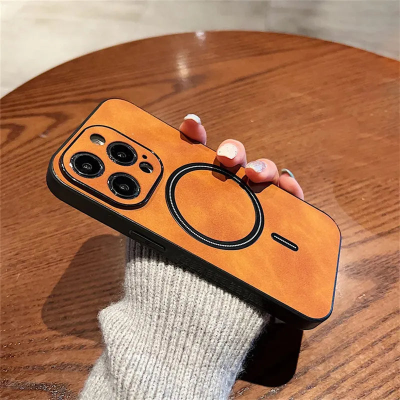 Luxury Wireless Charging Magnetic Cortex Leather Phone Case For iPhone 16 13 12 15 Pro Max 14 Plus 14Pro Shockproof Bumper