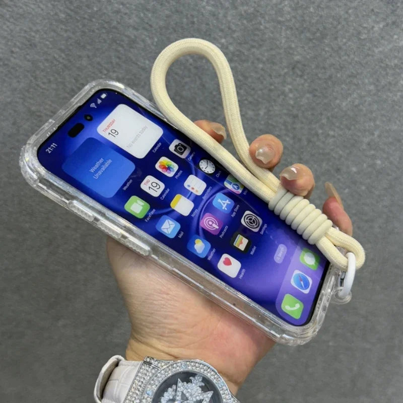 Glitter Transparent Magnetic For Magsafe Case For iPhone 16 15 14 Plus 13 16 Pro Max Wrist Strap Lanyard Shockproof Armor Cover
