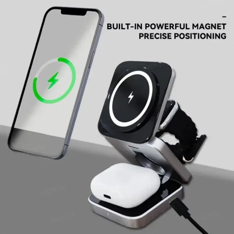 Foldable 3 In 1 Wireless Charging Station For iPhone 15 14 13 12 AirPods 3/2 iWatch 9 8 7 for Samsung Galaxy Magnetic Charger