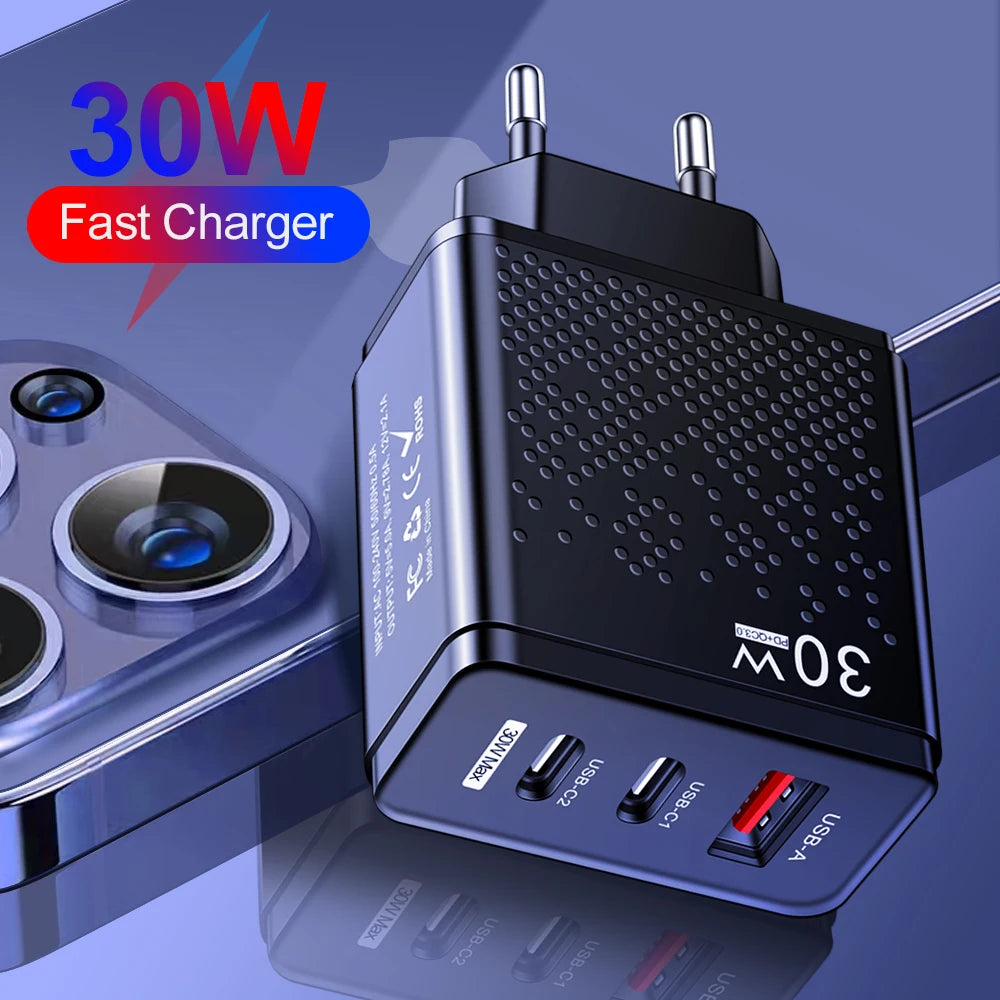 3 Ports PD 30W USB Type C Fast Charging Wall Power For iPhone16 Xiaomi Huawei Samsung  3.0 Phone