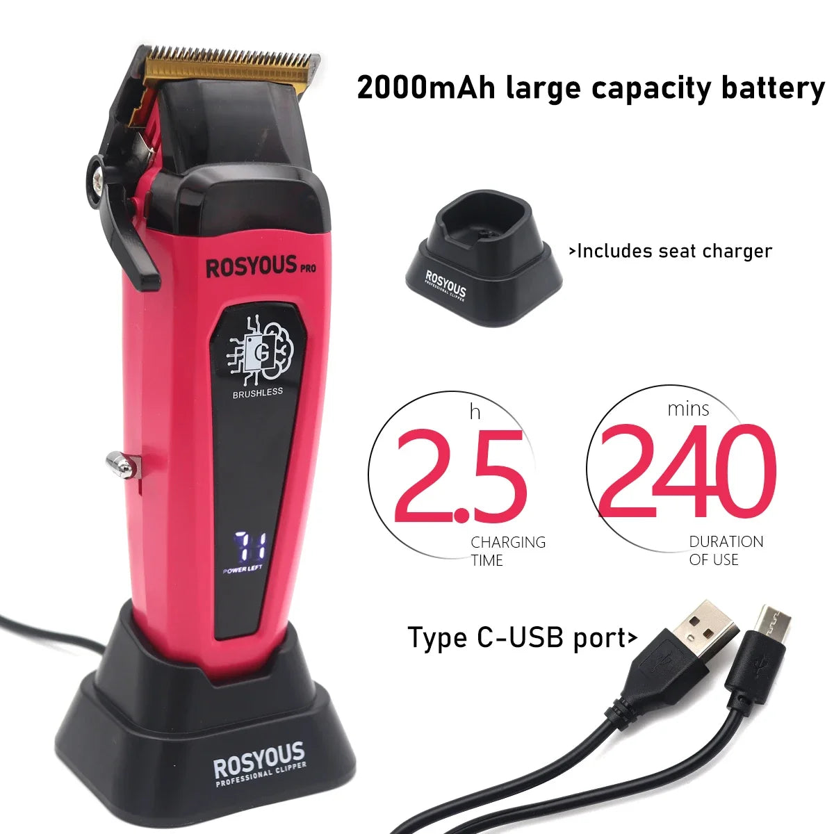 Professional Hair Clipper 106 – Brushless Motor, DLC Blade, LED Display, Base Charger