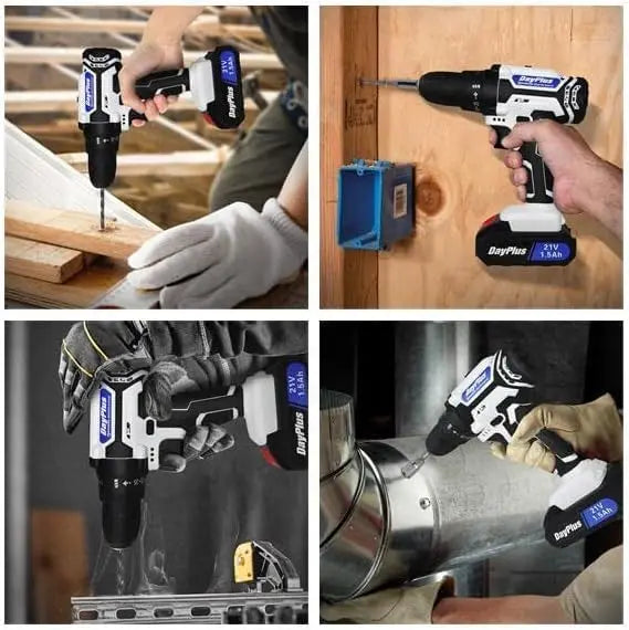 DayPlus 21V Cordless Power Drill & Impact Screwdriver Set – 1500mAh Battery