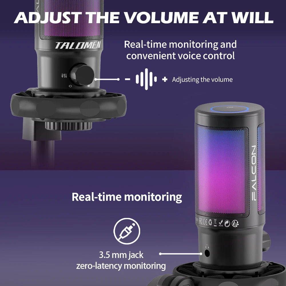 Talomen F8S Gaming USB Microphone – Condenser Mic with Boom Arm & RGB for PS4/PS5 & PC