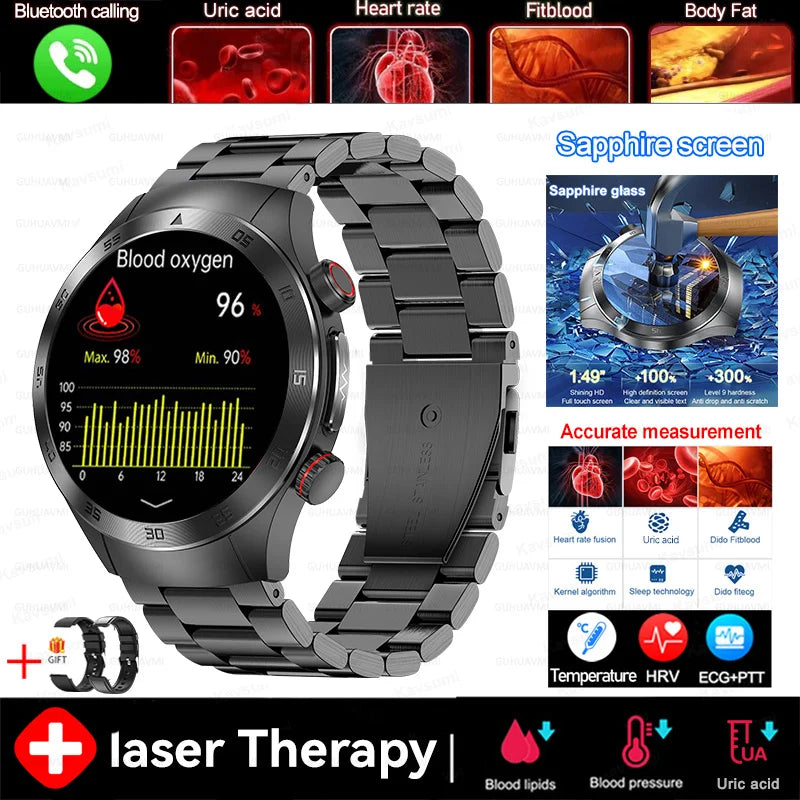2025 New Non-Invasive Laser Treatment Three High Smart Watch Sapphire screen Blood fat Uric Acid ECG Health Diagnosis