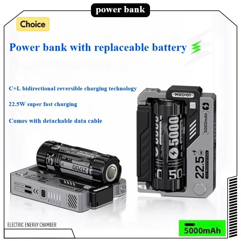 20000mAh Power Bank Removable Replaceable Battery Pack 22.5W Fast Charging External for iPhone Samsung Huawei