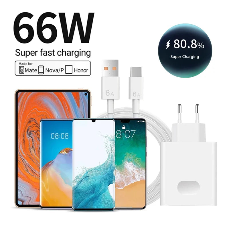 6A 66W Super Fast Charger Type C Cable for Huawei Mate 40 50 60 P50 P60 Nova 8 9 10 Honor 50 70 90 100 200 Lite X7 X8 X9 Magic 5