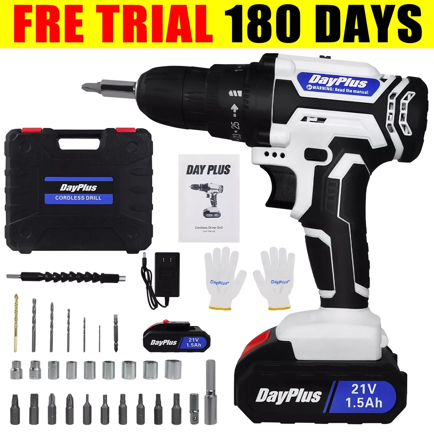 DayPlus 21V Cordless Power Drill & Impact Screwdriver Set – 1500mAh Battery