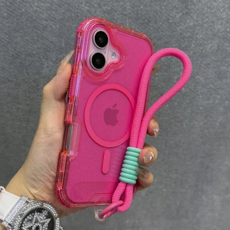 Glitter Transparent Magnetic For Magsafe Case For iPhone 16 15 14 Plus 13 16 Pro Max Wrist Strap Lanyard Shockproof Armor Cover