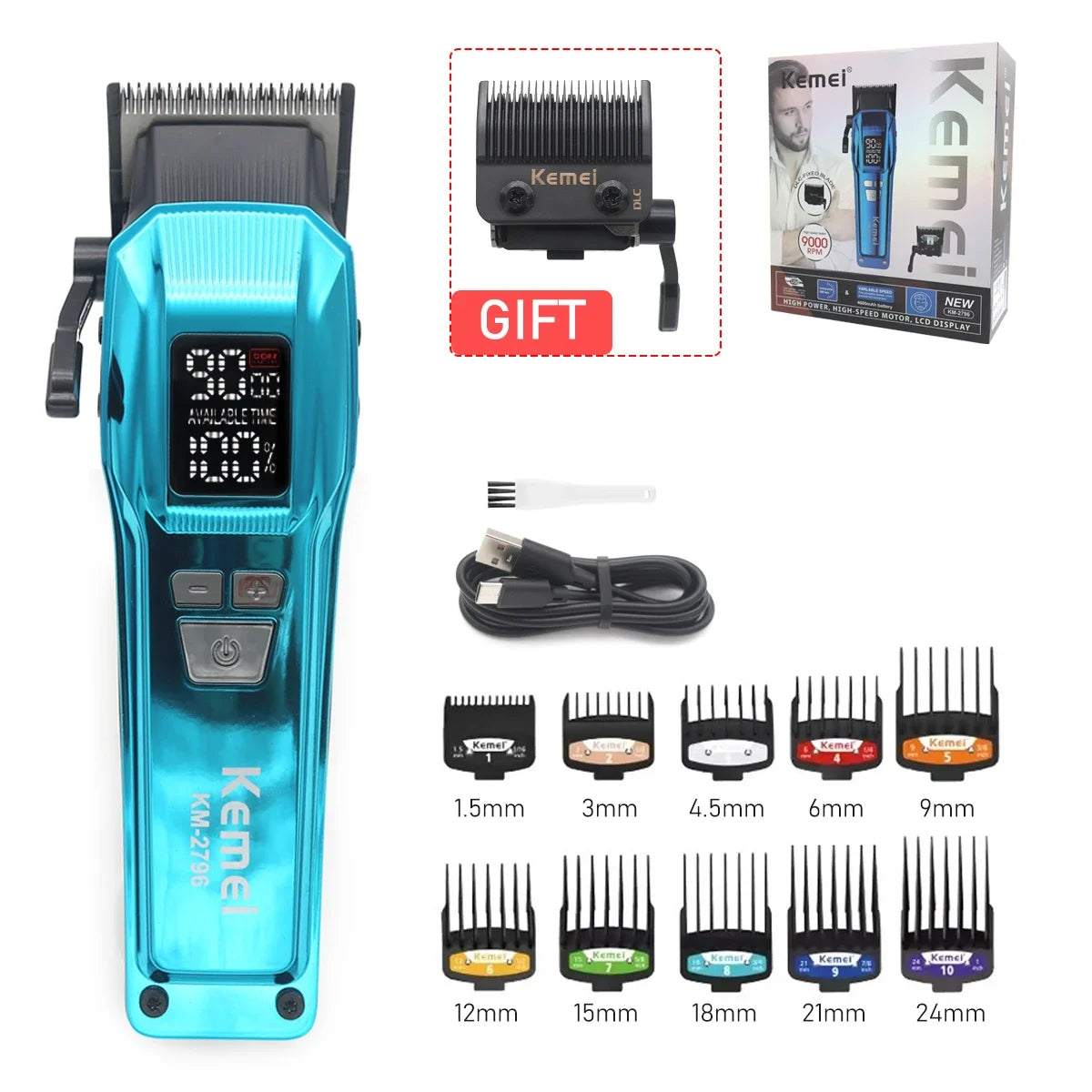 Kemei KM-2796 Professional Hair Clipper – Brushless Motor, DLC Blade, 9000RPM