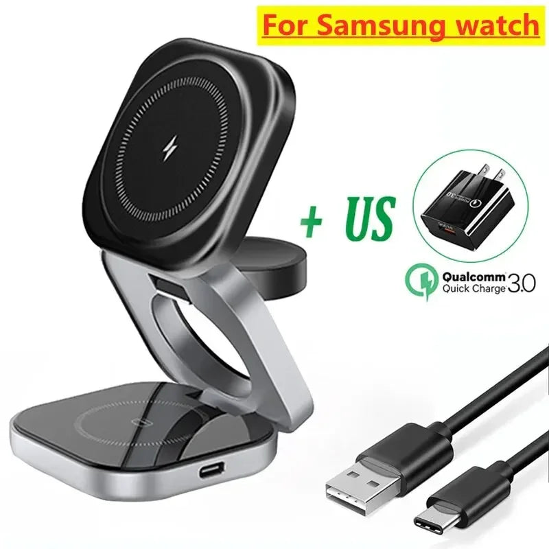 3 In 1 Foldable Magnetic Wireless Charger Stand For iPhone 16 15 14 Samsung IWatch AirPods 3/2 Station Dock Fast Charging Holder