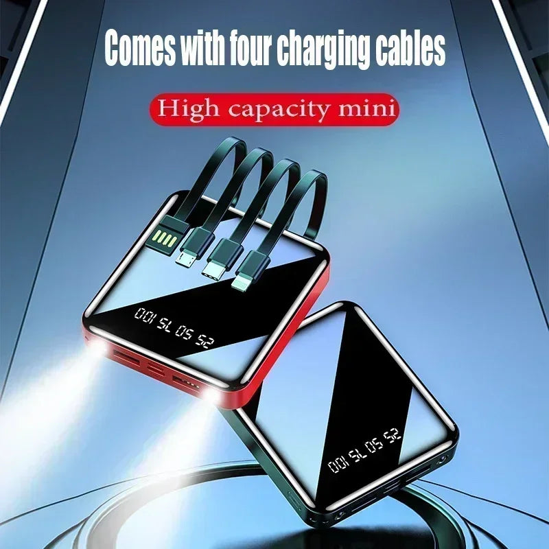 30000mAh Powerbank Mirror Digital Display Screen Built-In Cord Mobile Power Supply Compact External Battery For iphone Samsung