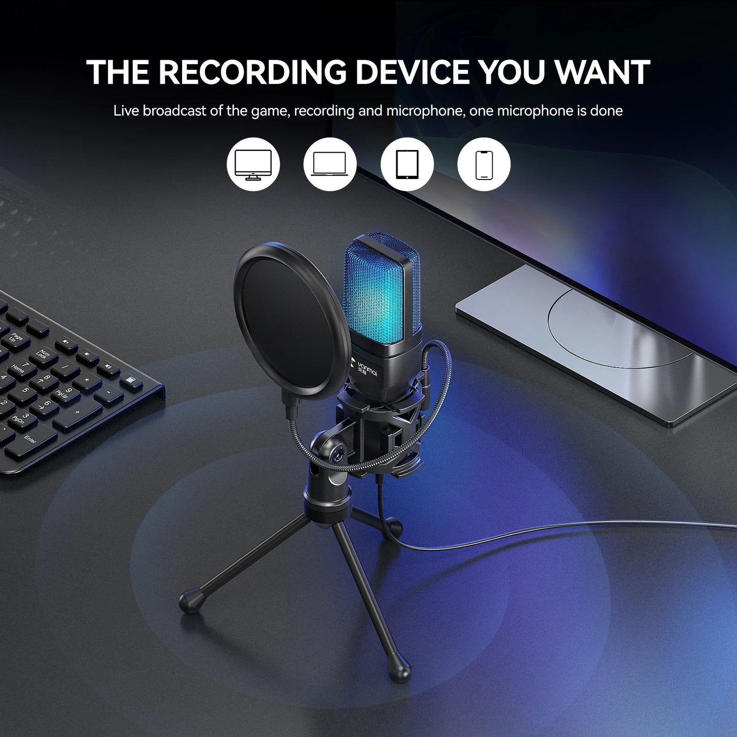 RGB Gaming Condenser Microphone – Desktop USB Mic for PC, Streaming & Recording