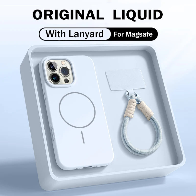 Luxury For Magsafe Magnetic Case For iPhone 15 14 16 Plus 11 12 13 Pro Max 16E Original Liquid Silicone Lanyard Strap Soft