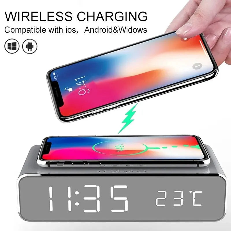 Wireless Charger Time Alarm Clock LED Digital Thermometer Chargers Fast Charging Dock Station for iPhone Samsung