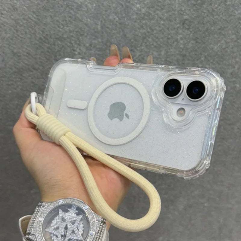 Glitter Transparent Magnetic For Magsafe Case For iPhone 16 15 14 Plus 13 16 Pro Max Wrist Strap Lanyard Shockproof Armor Cover
