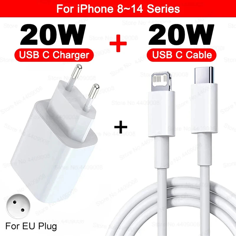 US EU Adapter 20W PD Fast Charger For iPhone 13 12 11 14 15 16 Pro Max Plus Fast USB C Type C Cable Accessories